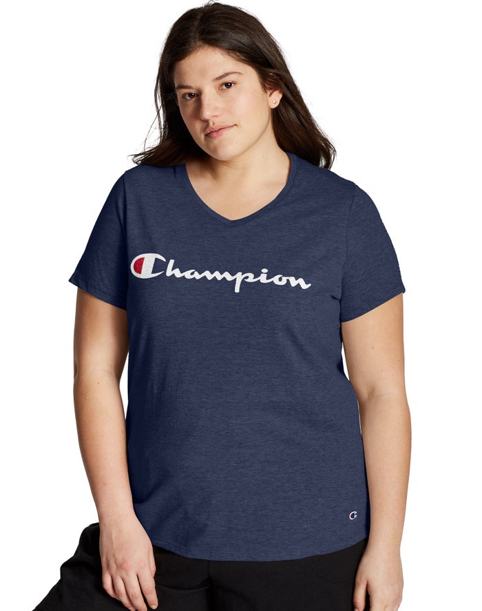 Camiseta Champion Mujer - Plus Jersey V-Neck Script Logo ( Azul Marino ) 5127963-IM